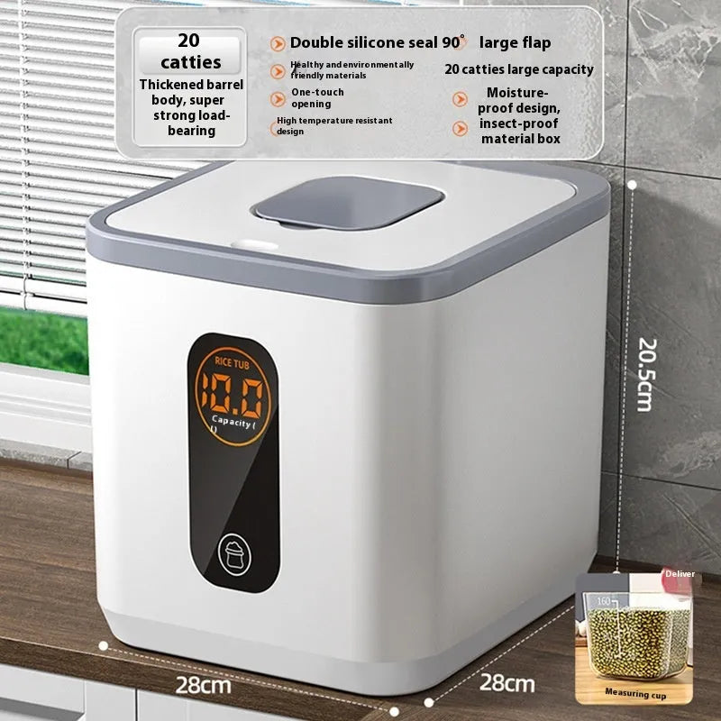 Grey plastic airtight rice storage jar with snap-lock lid and a measuring cup, shown in 10kg, 20kg, and 30kg size options.