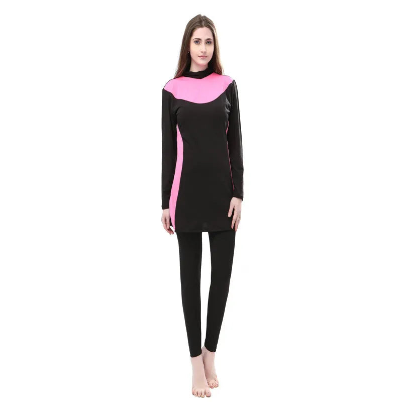 Conservative black women's swimsuit with long sleeves, a hood, and rose red accents.