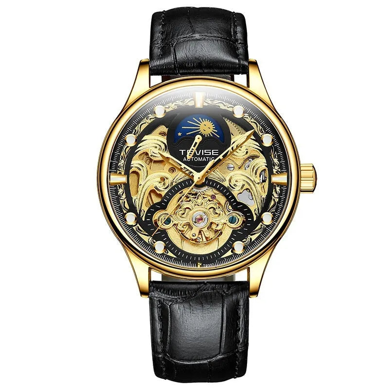 Men's gold leather automatic waterproof wristwatch showing business style and 16mm thickness.