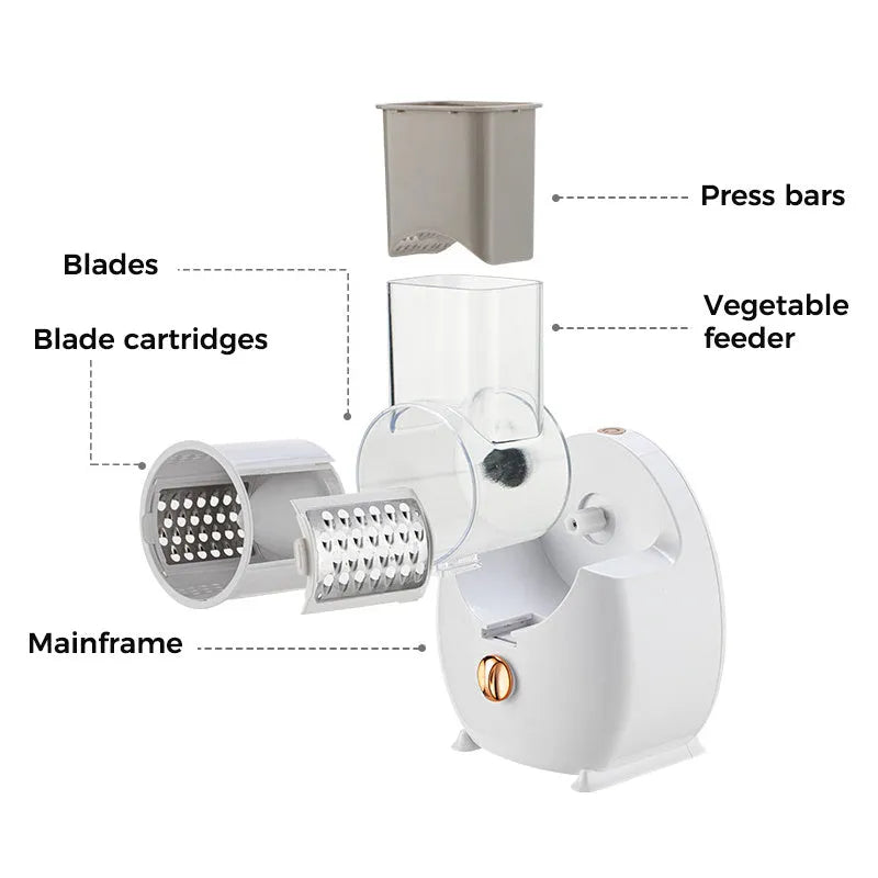 White electric vegetable slicer with suction base and rotary cutting mechanism for kitchen use