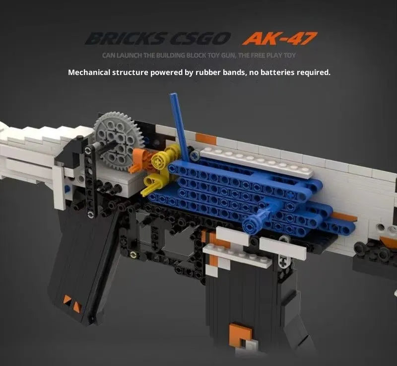 Black and white plastic weapon building block set in box packaging, assembled model shown