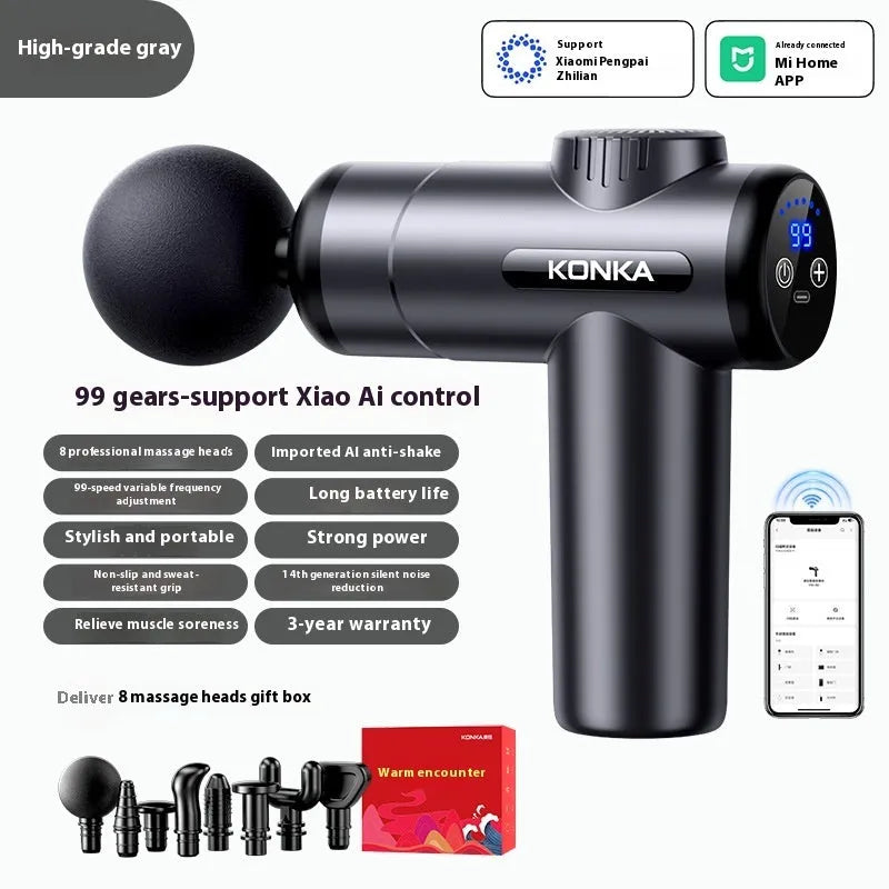 Konka V19 grey professional massage gun with set of eight different coloured massage heads on a table.
