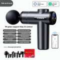 Konka V19 grey professional massage gun with set of eight different coloured massage heads on a table.