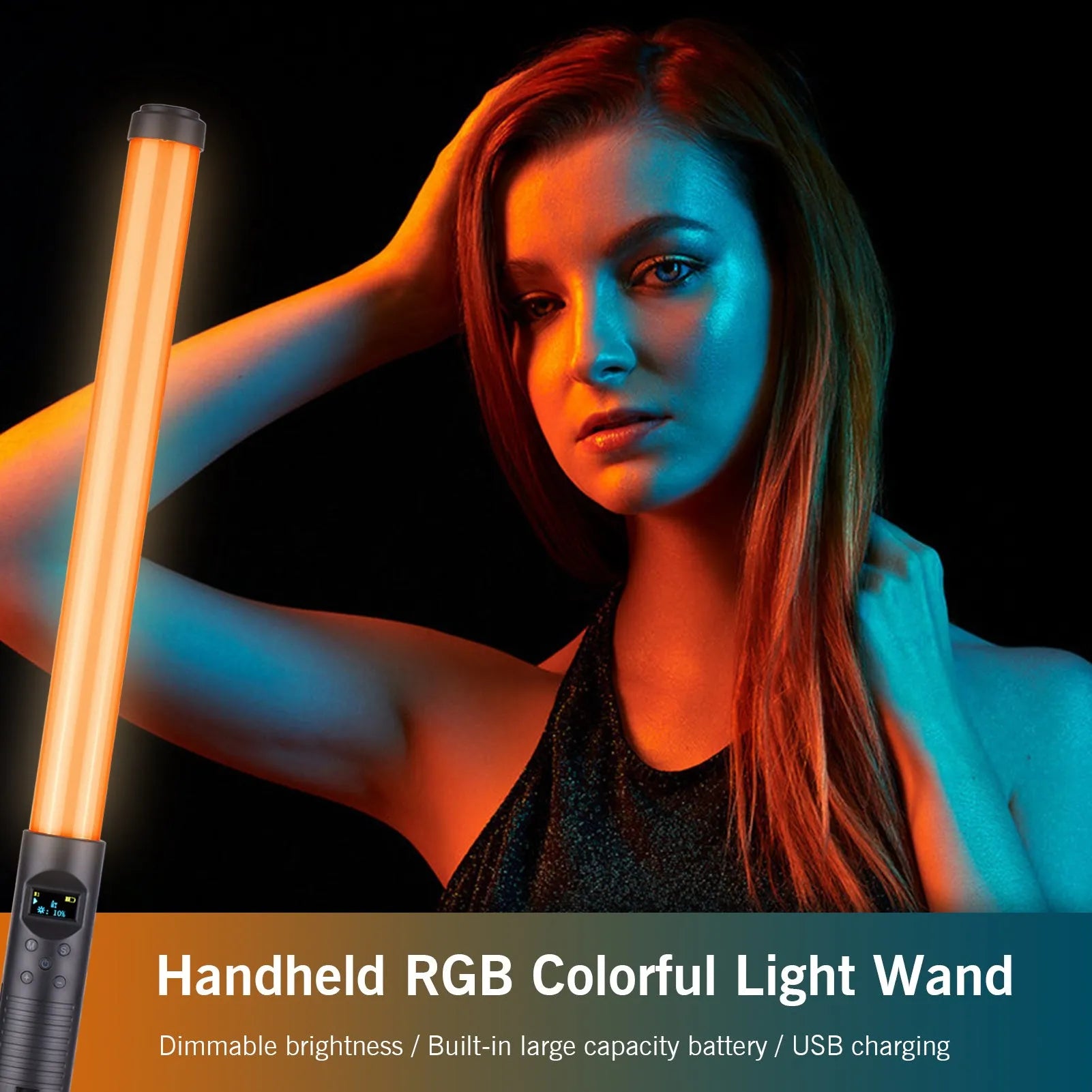 Handheld LED photography fill light with adjustable colour temperature and RGB lighting modes