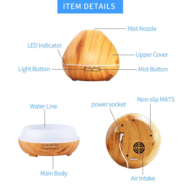 Air humidifier aromatherapy machine with 500ml capacity and light wood finish placed on a desk