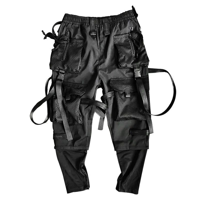 Men's black cotton linen multi-pocket tactical trousers with cargo pockets