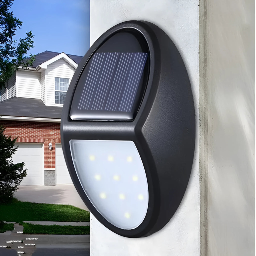 Black LED solar wall light with solar panel and automatic light sensor