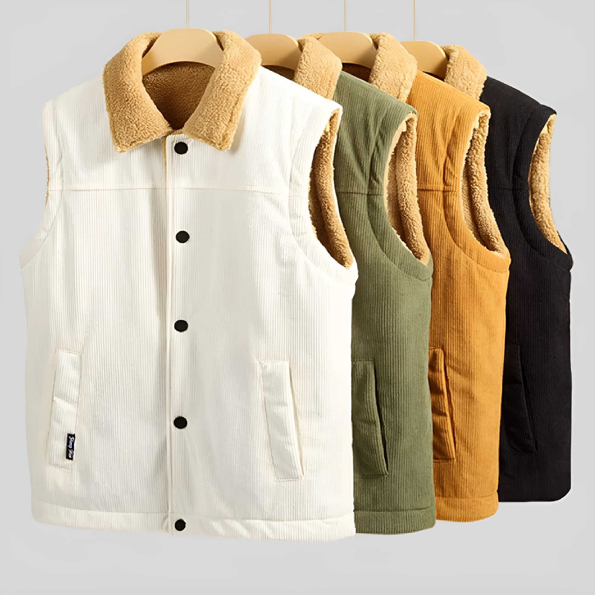 Men's corduroy flip collar jacket in army green, side view, showing fabric texture and collar detail