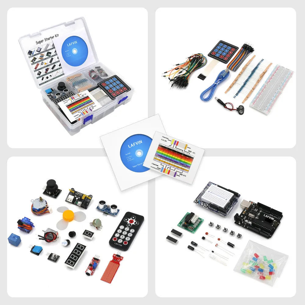 LAFVIN Arduino R3 Super Starter Kit showing blue Uno R3 board, breadboard, LEDs, sensors, and components on a table.