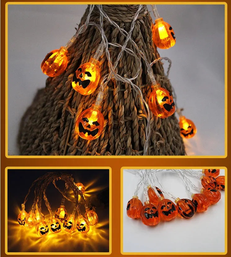 Halloween LED string lights with pumpkin, bat, and ghost decorations hanging on a wall