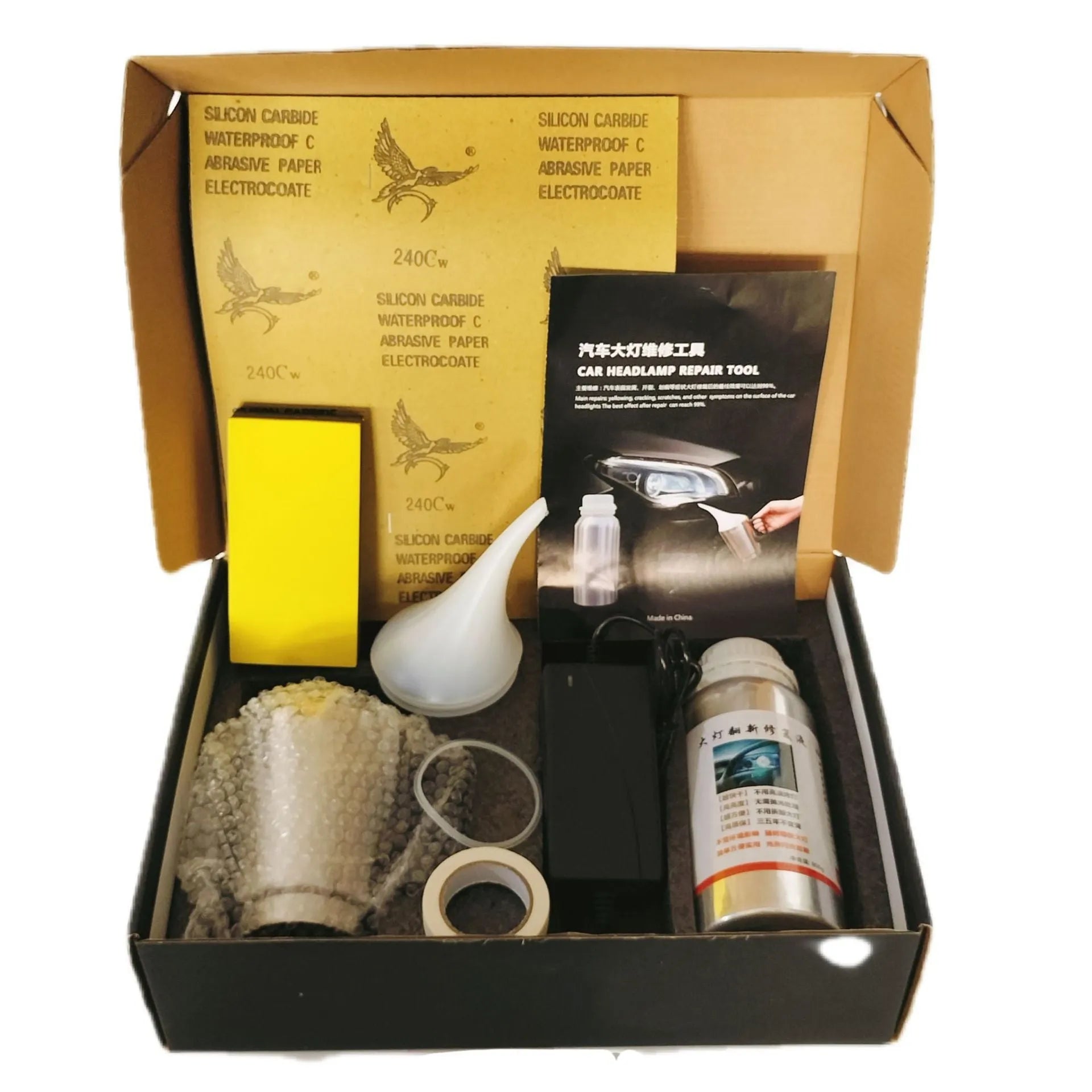 Headlight restoration kit with aluminium alloy tool and black tip, 600ml capacity
