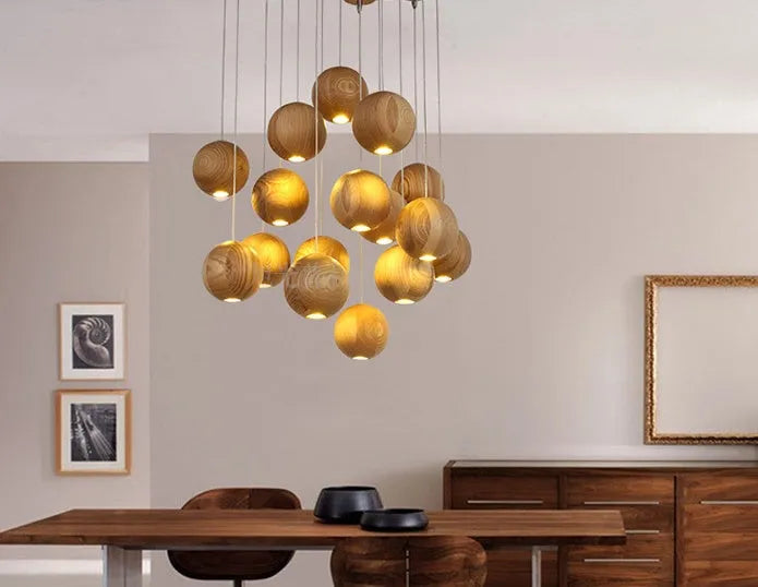 Nordic style solid wood ball chandelier with wooden shade, shown in a one-head configuration.