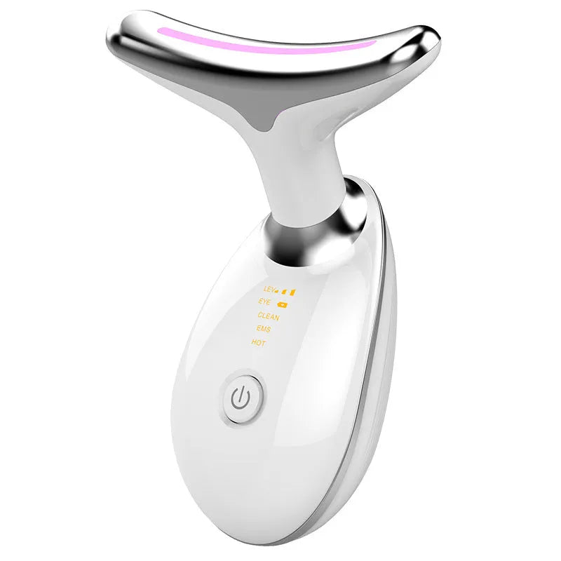 Black silver EMS thermal neck massager with LED lights for facial firming and wrinkle reduction
