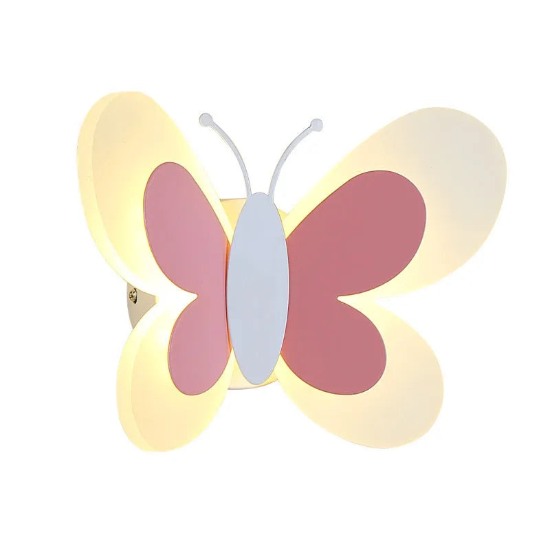 Butterfly-shaped acrylic children's wall lamp in pink and white, 240x170x105mm, with tri colour dimming option