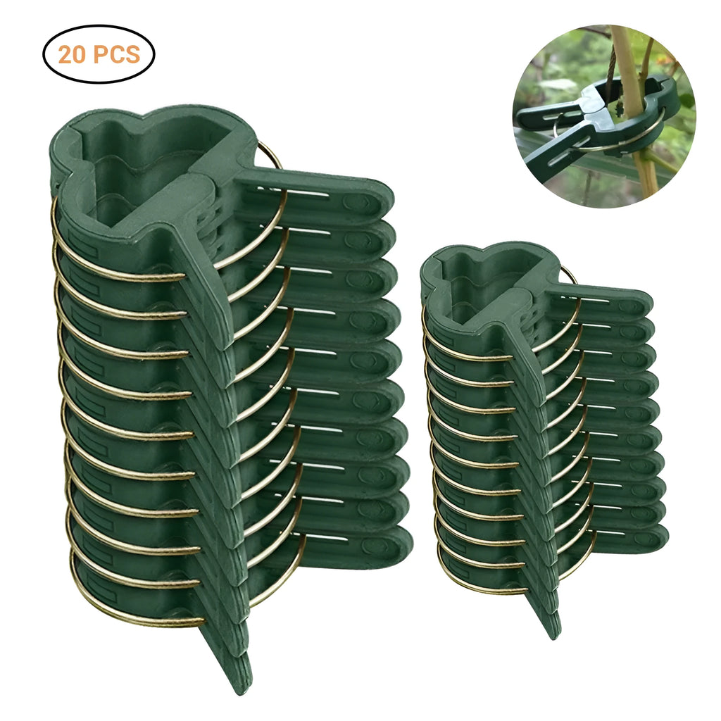 Green plastic and zinc plant fixing clips in large and small sizes for securing tomato vines and climbing plants.