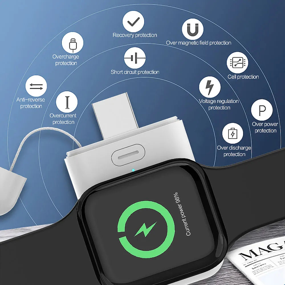 White 1000mAh wireless magnetic portable charger for Apple Watch next to an Apple Watch