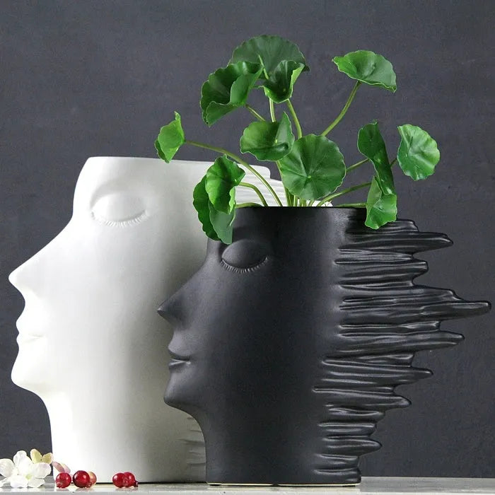Nordic porcelain head ornament vase with matte finish, shown in black or white as a hanging decoration.