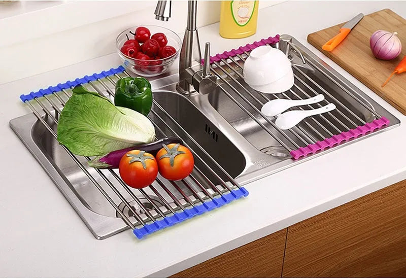 Folding stainless steel kitchen sink drain rack with coloured PP plastic tubes in collapsed and expanded positions