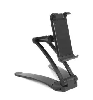 Silver aluminium alloy tablet stand with adjustable black clips holding a tablet, showing 360-degree rotation on a wooden desk.