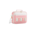 Light blue PU letter-print notebook storage bag measuring 30.5x23x6cm on a plain background