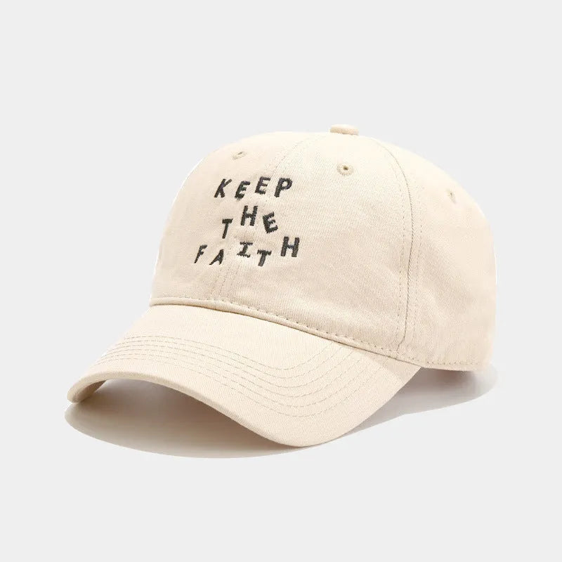 Men's beige cotton baseball cap with small black letter embroidery on front