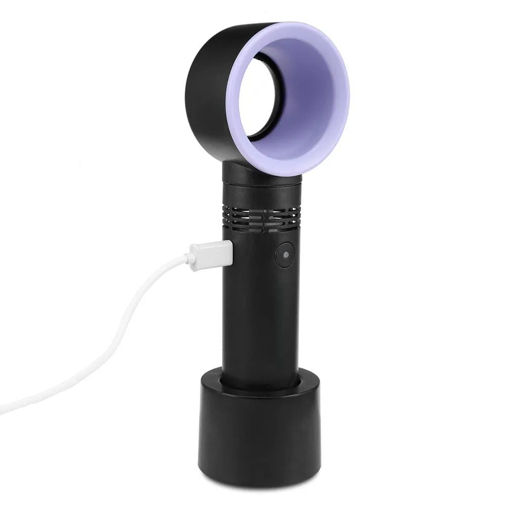 Portable bladeless fan with USB cable and base in assorted colours