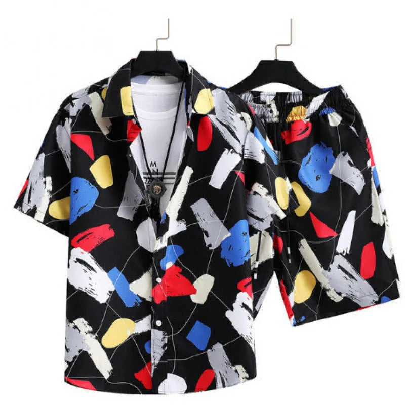 Men's short sleeve cardigan and matching shorts suit in a digital printed pattern.