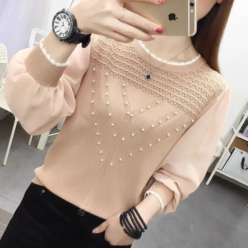Womens chiffon ice silk knitted bottoming shirt long sleeve round neck loose fit in black