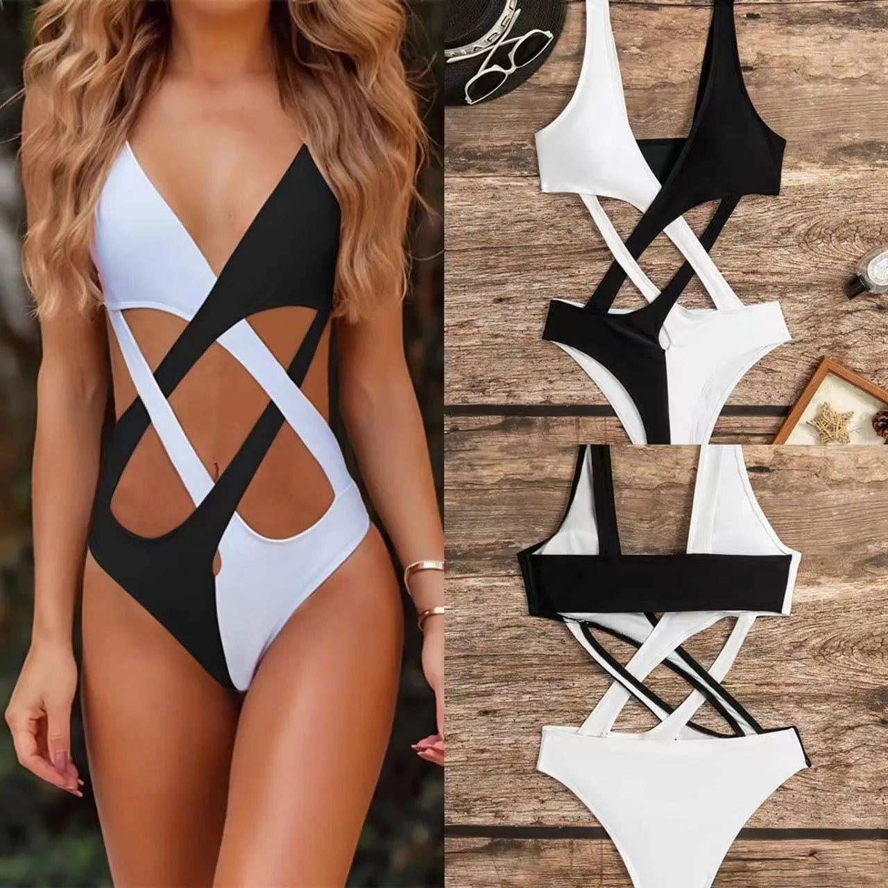 White women's one-piece swimsuit with hollow-out colour block design on nylon fabric
