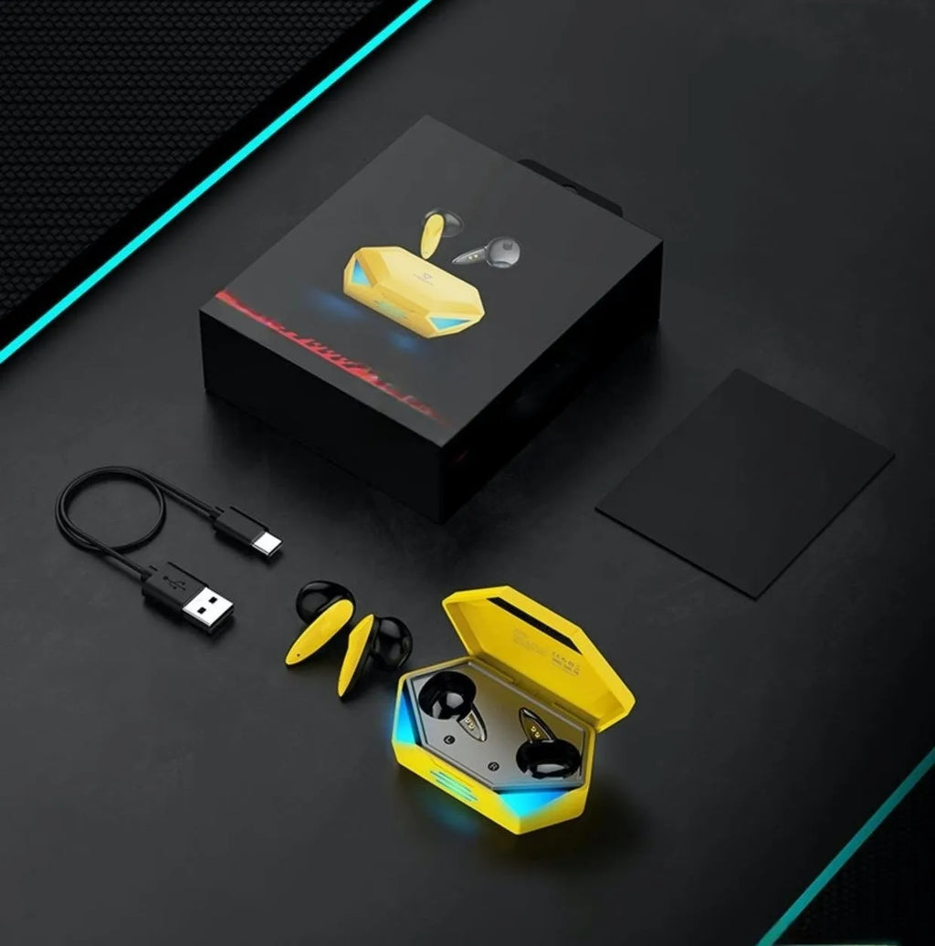 G20 Bluetooth sports gaming headset in black, white or yellow colours with earplug design and charging case