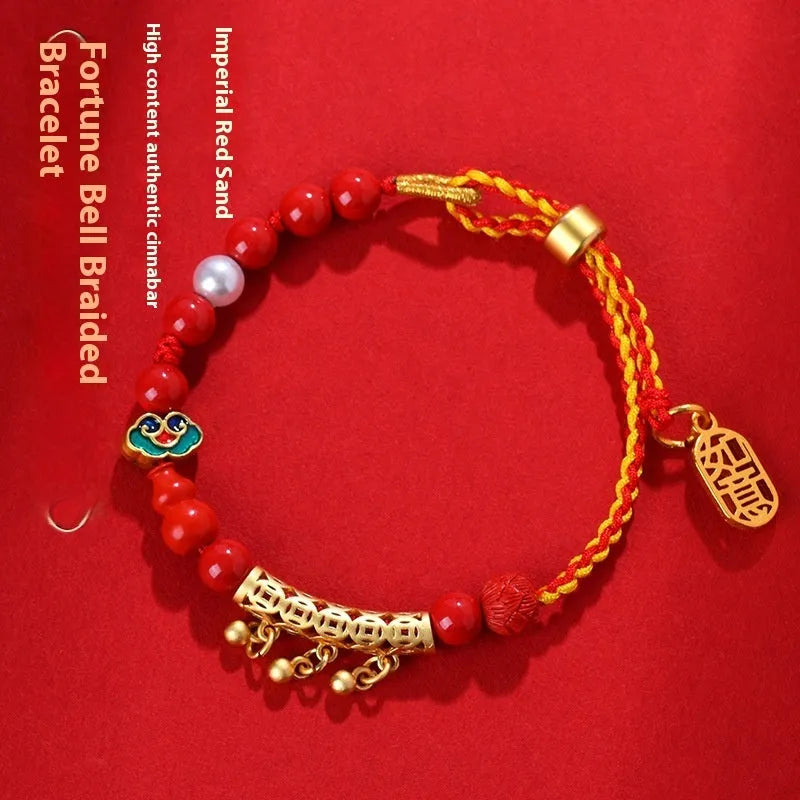 Women's red cinnabar hand-woven rope bell bracelet with geometry shapes and national style design