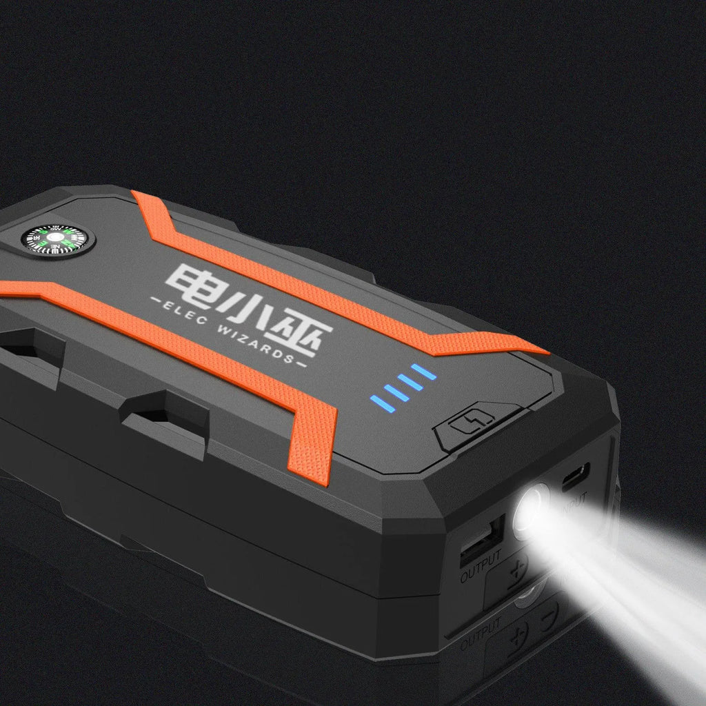 Portable 1000A car jump starter with battery clamp and charging cable, V0 fireproof casing, 12V emergency power supply for vehicles