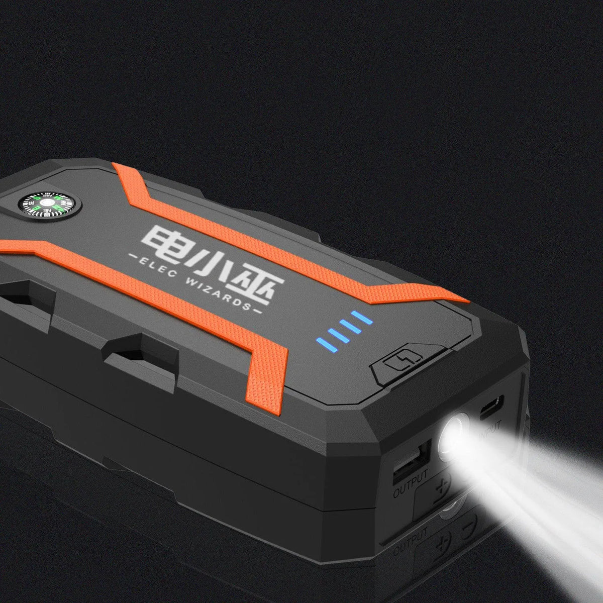 Portable 1000A car jump starter with battery clamp and charging cable, V0 fireproof casing, 12V emergency power supply for vehicles