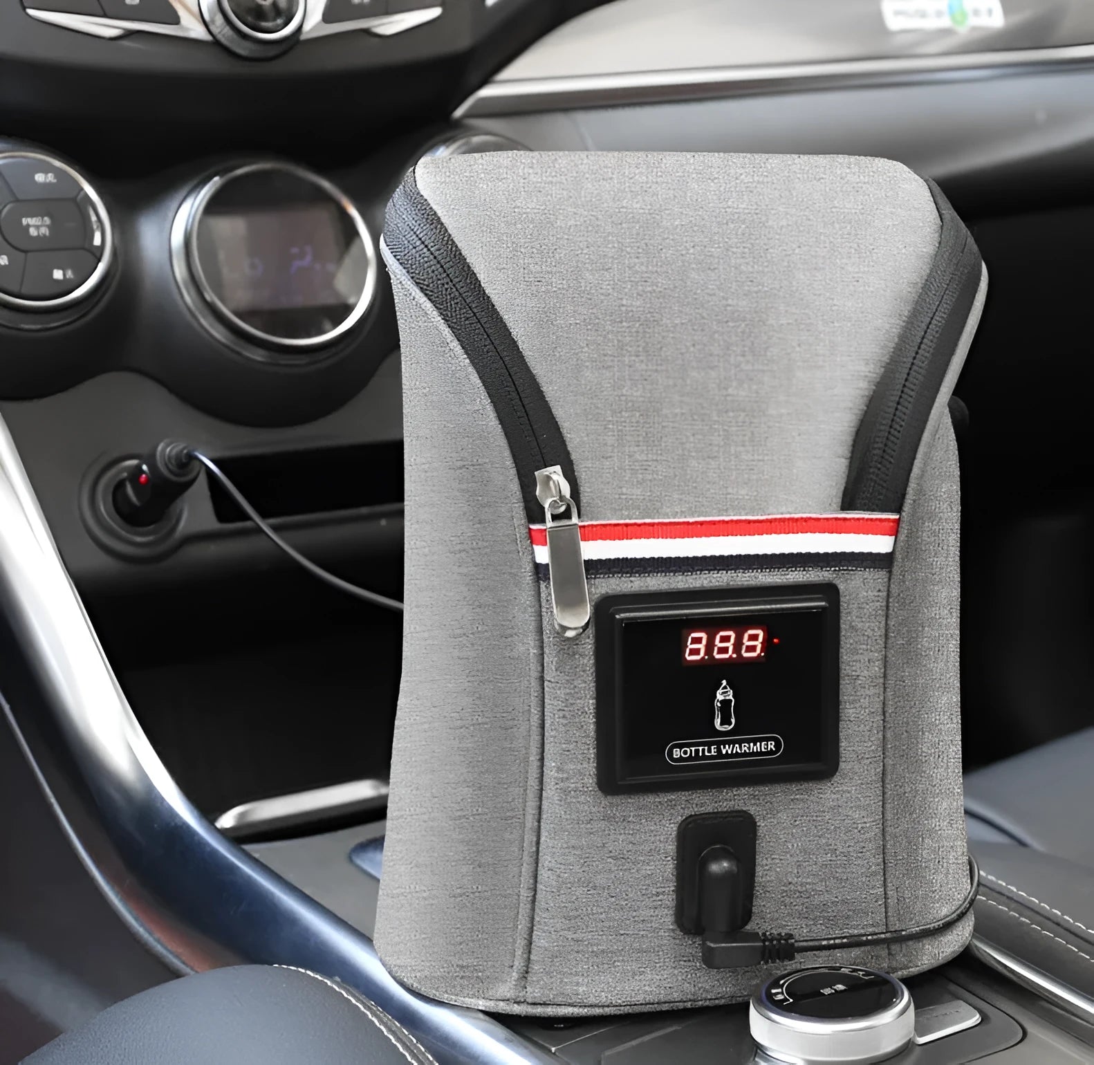 Grey Oxford cloth car USB baby bottle warmer with electronic display, shown with two bottles and car charger.