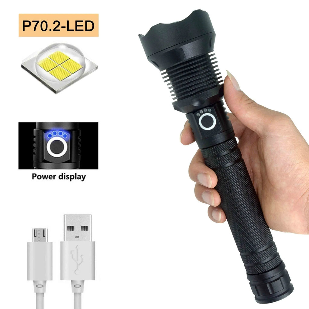 Black USB rechargeable P70 LED flashlight 4000 lumens with telescopic zoom and aluminium alloy body on outdoor background