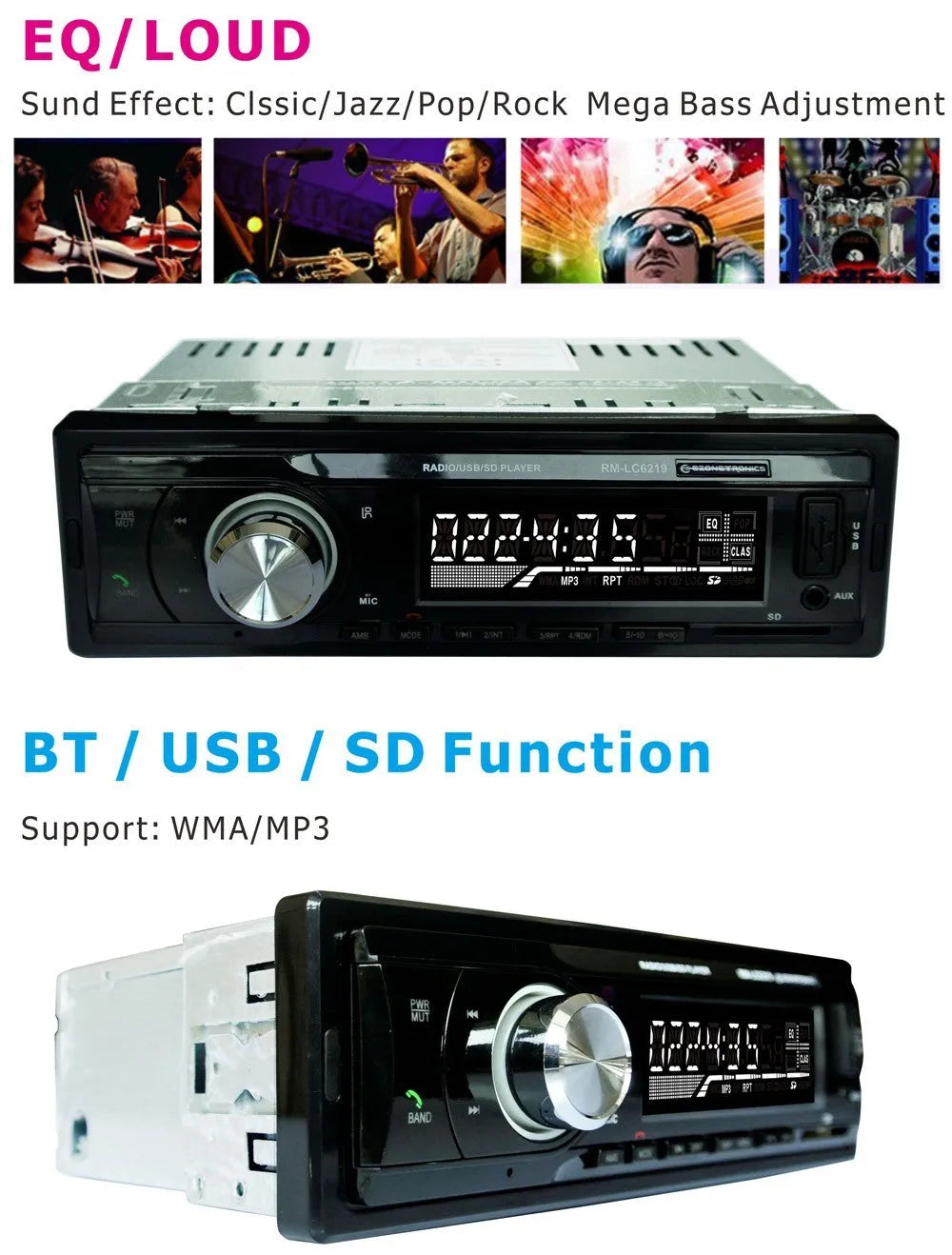 Car stereo receiver with Bluetooth, USB port, SD card slot, and display screen