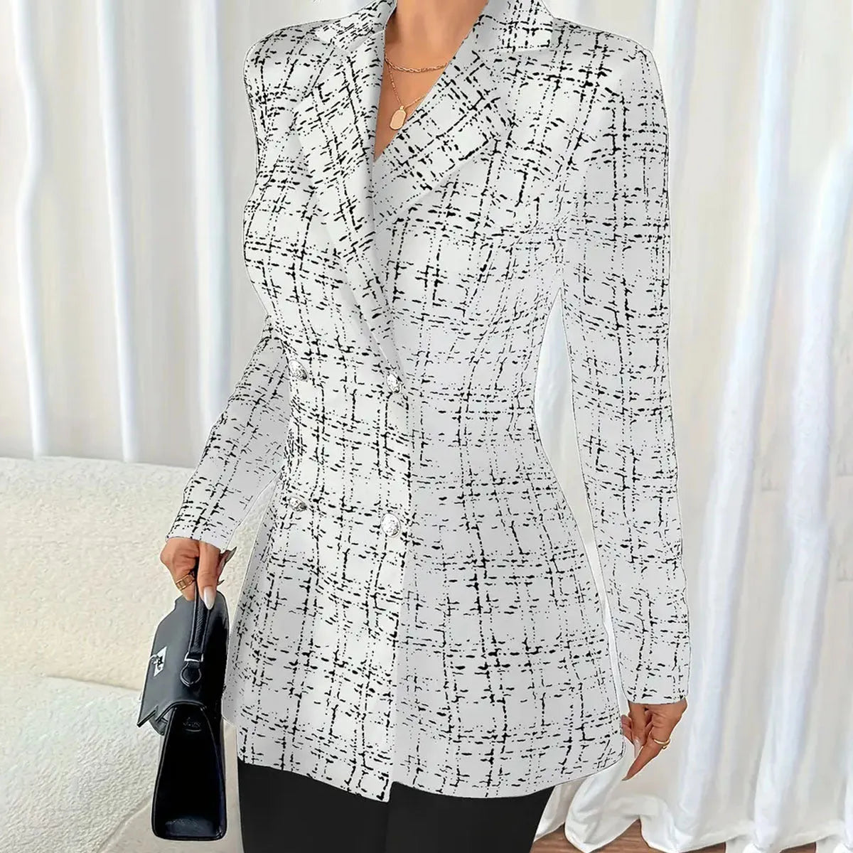 Polyester slim fit women's coat in black, medium 65cm length, regular sleeve, front view