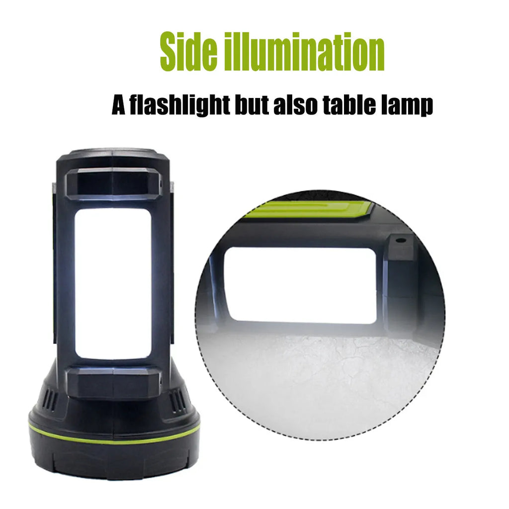 Green rechargeable LED flashlight with USB port on a dark background.