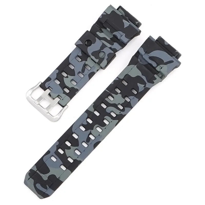 Camouflage pattern TPU watch strap with silver buckle on a grey background.