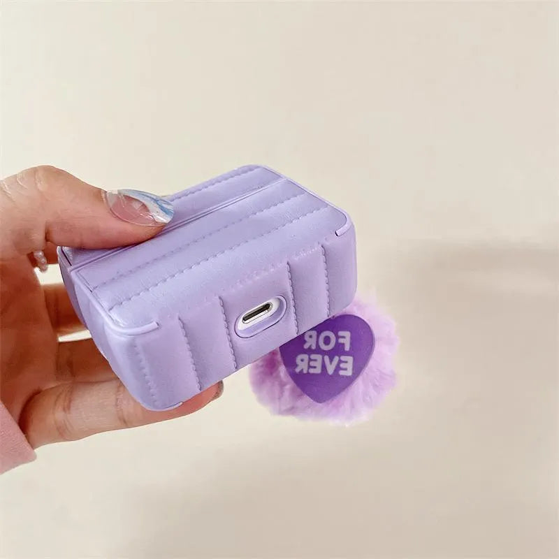 Purple down jacket AirPods case with fuzzy ball pendant, solid colour protective shell for AirPods 3, 1/2, and Pro