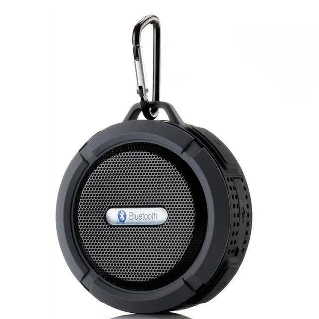 Waterproof portable Bluetooth speaker in black with dual 3W drivers, 500mAh battery, compact 98x88x45mm design