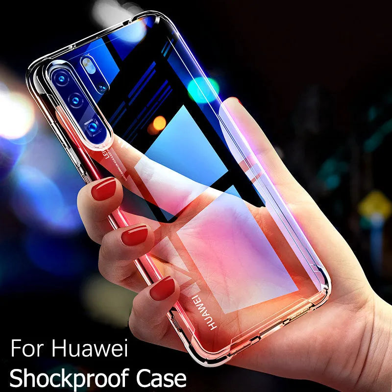 Transparent TPU phone case showing Huawei smartphone inside with visible ports and buttons