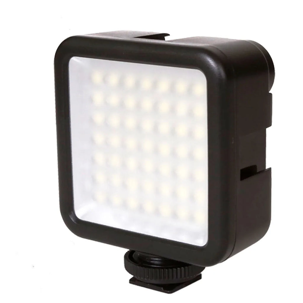 W49 black LED video light with 49 LEDs mounted on an SLR camera hot shoe