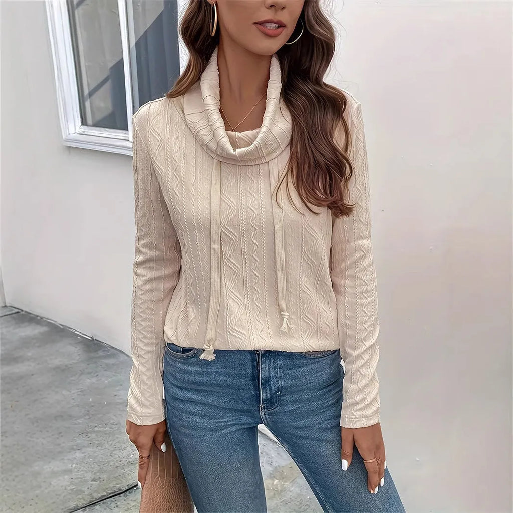 Apricot hooded pullover sweater with drawstring and long sleeves