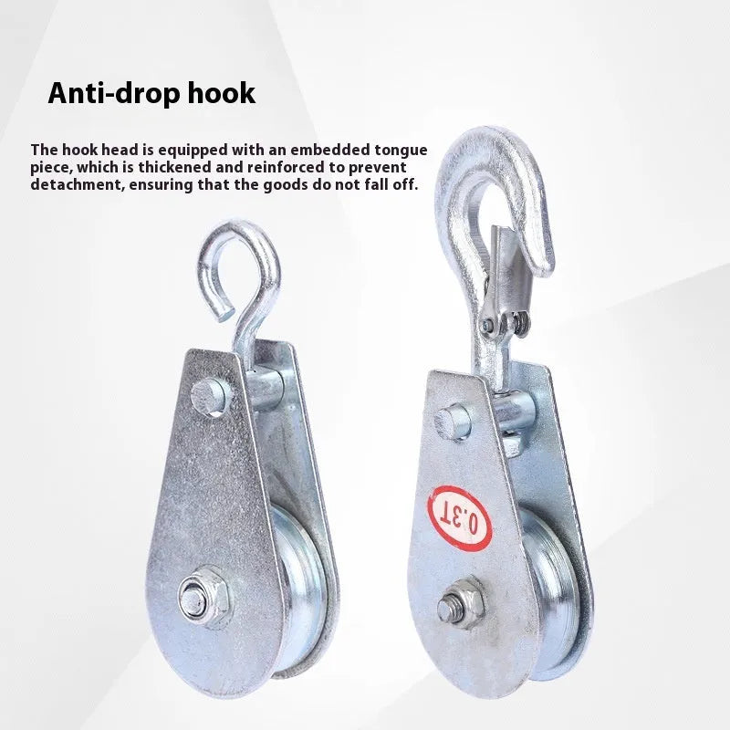 Red industrial steel lifting pulley with a safety latch on the hook for secure lifting.