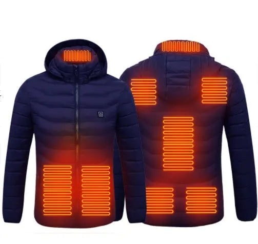 Men's USB electric heated jacket coat with removable hood, black zone 2, three heat settings