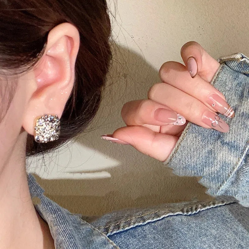 Women's alloy geometric earrings with micro inlaid zircon in chamfered square grain shape, E6449 gold finish