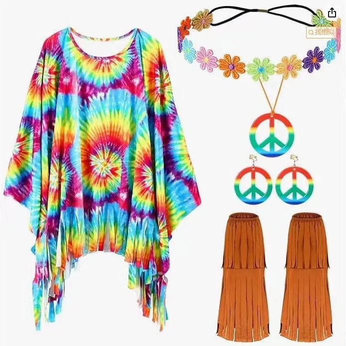 Adult wearing a vibrant tie-dye cloak with bell sleeves, showcasing the spandex fabric and sleeveless design.