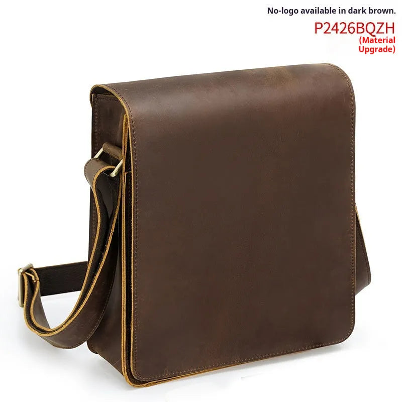 Vintage cowhide men's crossbody bag brown genuine top grain leather geometric pattern urban simplicity style