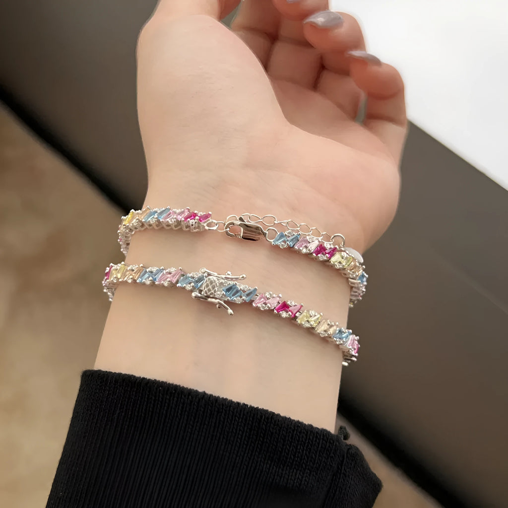 Silver zircon bracelet for women with geometric circle triangle hexagon octagon quadrangle shapes 16cm length